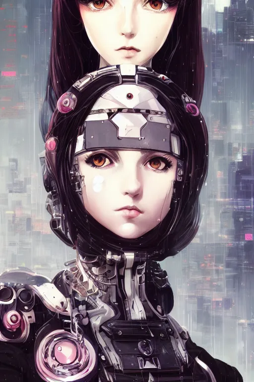 Image similar to portrait of beautiful young gothic cyborg anime maiden, cute-fine-face, pretty face, realistic shaded Perfect face, fine details. Anime, cyberpunk, Warhammer, highly detailed, artstation, illustration, art by Ilya Kuvshinov and Gustav Klimt