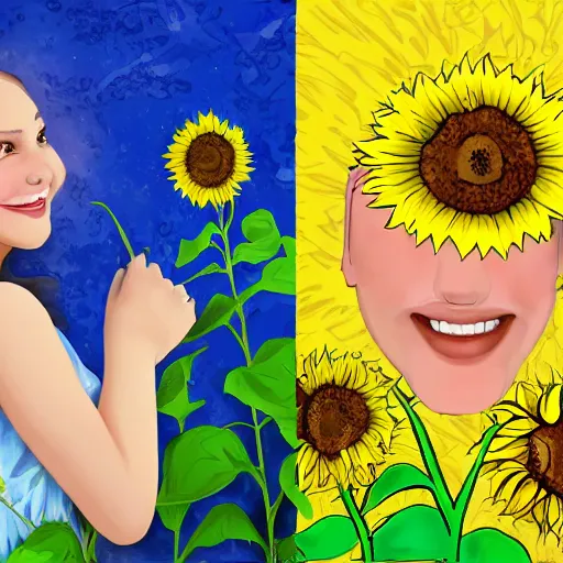 Prompt: Fantasy Map, Illustration of a Ukrainian girl Smiling | Subject Description: Beautiful pretty young, flowers in her dark hair, Scene: Sunflower field, Image Colors: Yellow sunflowers, blue cloudy sky