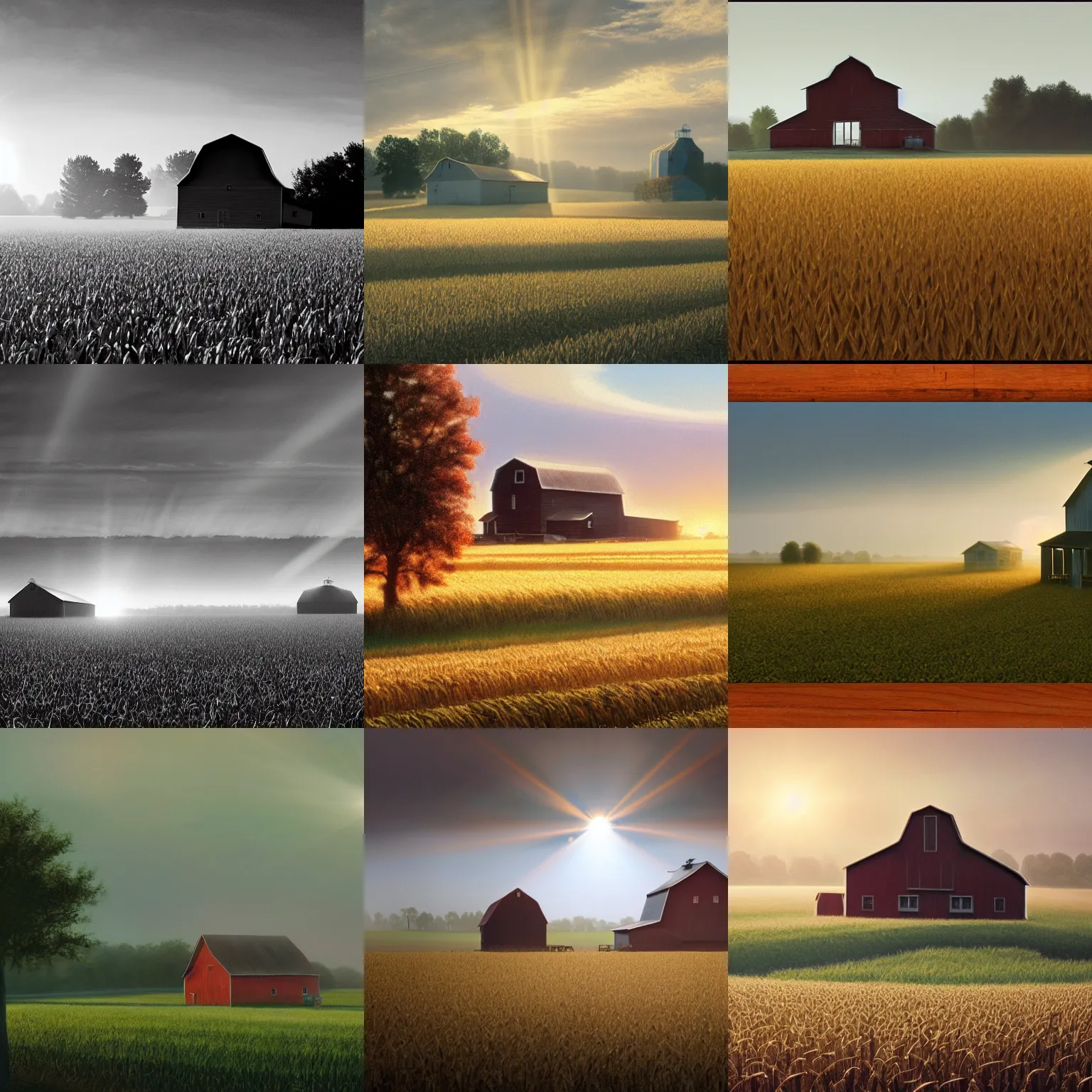 Prompt: a 1 9 5 0's farm in wisconsin, directed by charlie kaufman ( 2 0 0 1 ) anamorphic lenses, cornfields in the foreground, barn in the background, foggy volumetric light morning, a beam of light from the heavens, cinematic trending on artstation in the style of greg rutkowski