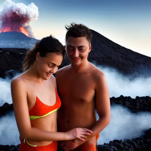 Image similar to young couple taking a bath in lava, volcanic eruptions in the background