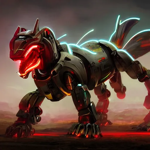 Image similar to hyper realistic, epic, highly detailed cinematic full body shot of a mecha canine, sharp claws, sleek armor, glowing visor, destroying city, digital art, furry art, dragon art, zoids art, furaffinity, deviantart