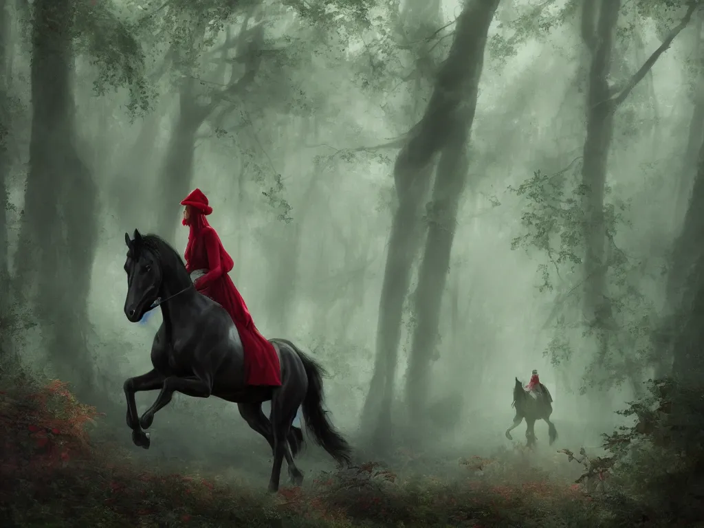 Image similar to a female beauty wearing a red cap rides through a dense green oak and beech forrest on a strong black horse, rays of life, cinematic, fantasy art, moody evening light, foggy, trending on artstation, by naoto hatori, by tyler jacobson