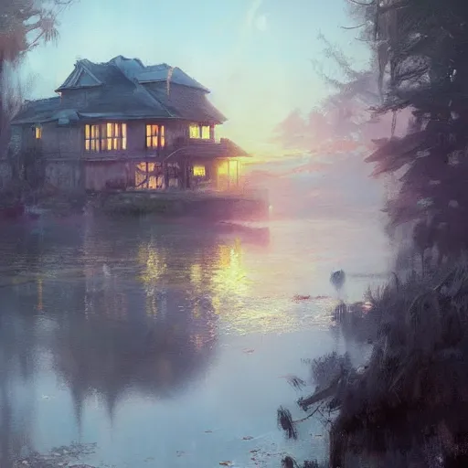 Image similar to a house by the lake, sunset, dramatic light, sunrays, painted by raymond swanland, painted by greg rutkowski, painted by jeremy mann, painted by artgerm, painted by igor kieryluk, trending on artstation