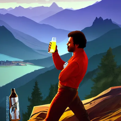 Image similar to Lando Norris at the top of a mountain, scenic view, holding a beer!!, digital art, gta 5 cover art, trending on artstation