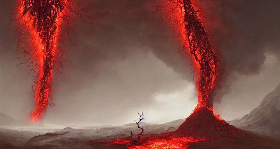 Prompt: a volcano made of ivory vines and crimson rocks enters in eruption, it spits a smoke in the shape of demonic eye, by JAKUB ROZALSKI