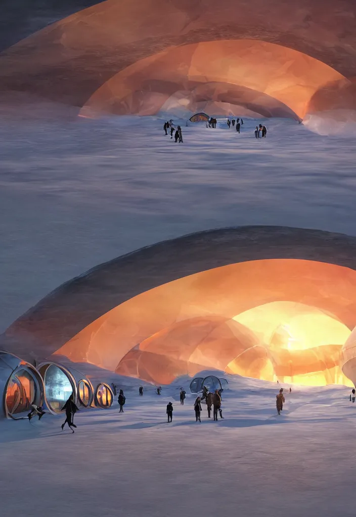 Image similar to Multiple tunnels in antartica with a transparent roof that shows a beautiful sunset, multiple people in the tunnels around campfires and futuristic igloos, facinating, fantasy digital art, octane render, beautiful composition, trending on artstation, award-winning photograph, masterpiece