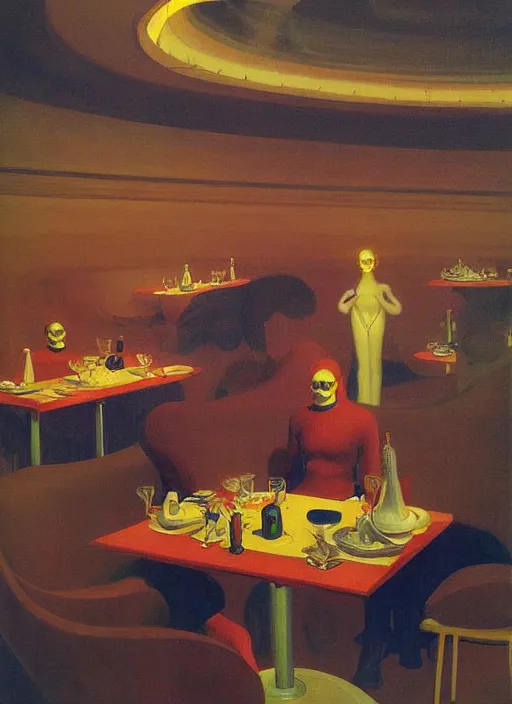 Prompt: spherical glass people at underwater vacuum space nebula restaurant Edward Hopper and James Gilleard, Zdzislaw Beksinski highly detailed