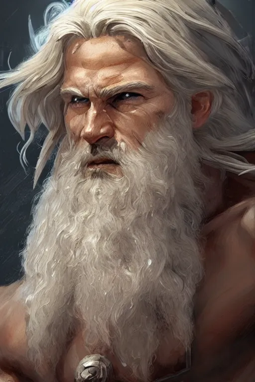 Image similar to painted portrait of rugged zeus, god of thunder, greek god, white hair, masculine, mature, handsome, upper body, muscular, hairy chest, fantasy, intricate, elegant, highly detailed, digital painting, artstation, concept art, smooth, sharp focus, illustration, art by gaston bussiere and craig mullins