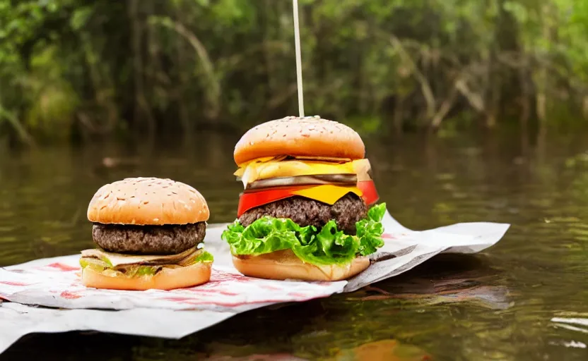 Image similar to a hamburger in a swamp, product photography