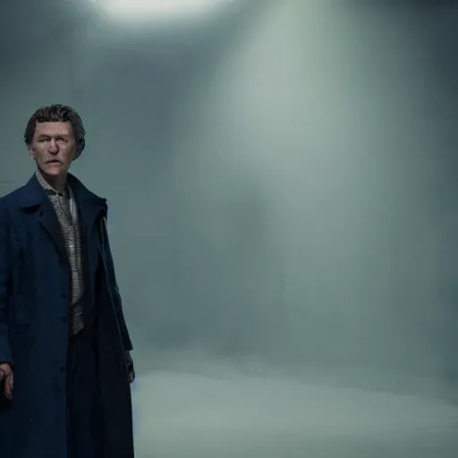 Image similar to tom holland as a rough dirty old man with a scruffy beard in a dark blue trenchcoat as the new doctor who, cinematic, volumetric lighting, f 8 aperture, cinematic eastman 5 3 8 4 film, photorealistic