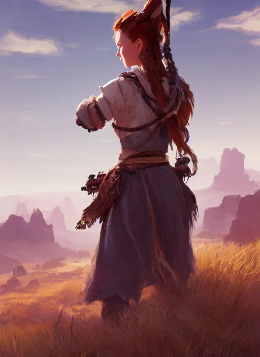 Prompt: Aloy, standing confidently, desert in the background, natural lighting, digital painting, concept art, sharp focus, illustration, single character full body, rule of thirds, from Horizon: Zero Down, by Mandy Jurgens