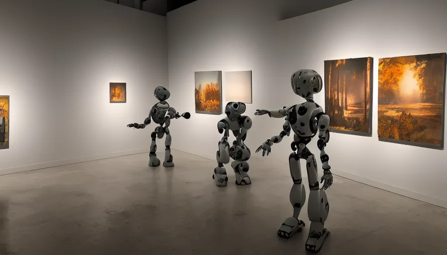 Image similar to photo of robots in a gallery holding paintbrushes against photos of natural landscapes, dramatic lighting, 4 k