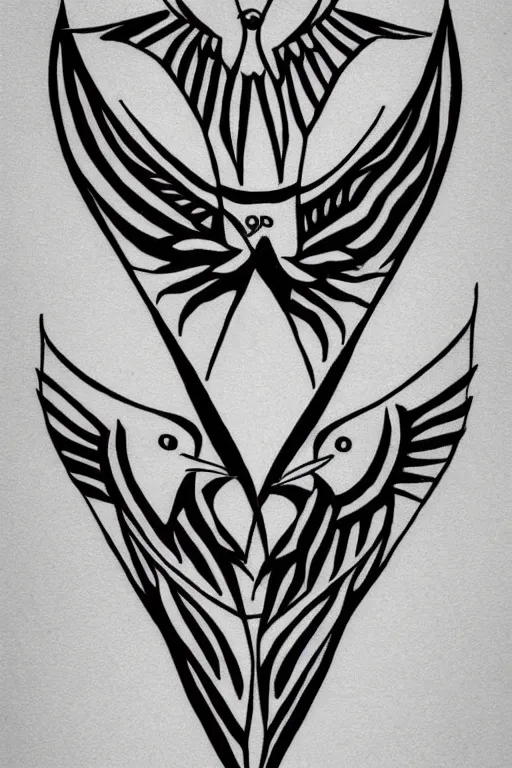 Image similar to a simple tattoo design of minimalist swallows flying into geometric lines and simple basic shapes, black ink, abstract logo, line art