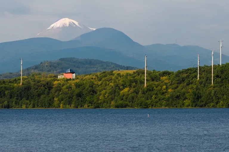 Prompt: a hill with a radio tower next to a lake, hills in background. telephoto lens photography.