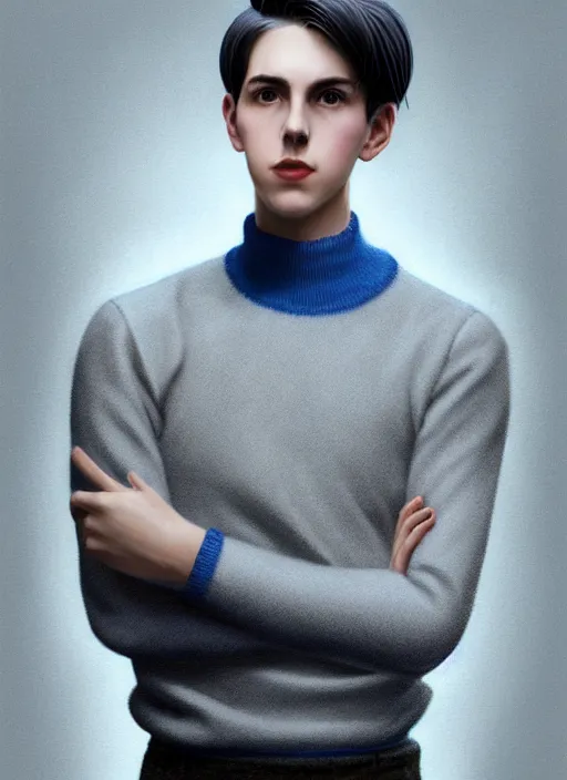 Prompt: portrait of teenage jughead jones, wearing a light grey crown, light grey crown, blue turtleneck sweater 1 9 5 0 s, intricate, elegant, glowing lights, highly detailed, digital painting, artstation, concept art, smooth, sharp focus, illustration, art by wlop, mars ravelo and greg rutkowski