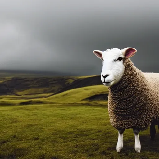 Image similar to portrait photo of a sheep wearing a sweater, iceland, grey sky, green hills, taken by Nikon, movie still,