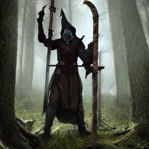 Prompt: high quality matte painting, grim fantasy witchy art, a woodland knight made of wood holding a giant club, in a dark forest, digital art, high quality render, artstation, 8 k, photograph quality, ultrahd, in the style of dungeons and dragons