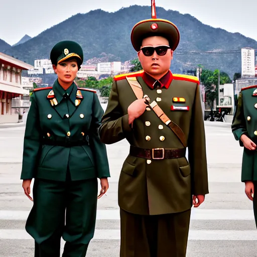 Image similar to professional photograph of kim kardashian wearing a north korean military dress uniform and standing in a busy street in pyongyang, 8 k, very detailed, very intricate,