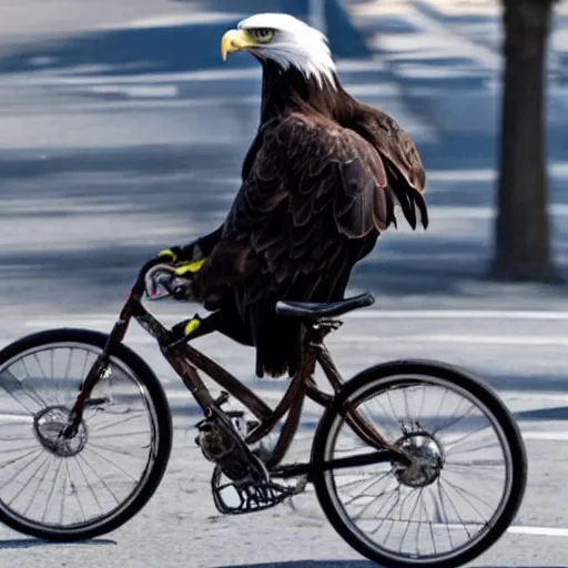 Image similar to an eagle riding a bicycle in the streets of la, smoking a cigar