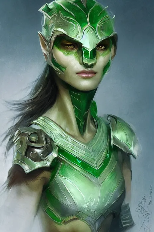 Image similar to green human faced orc female, light green tone beautiful face, plated armor intricate, elegant, highly detailed by artgerm, trending on artstation by greg rutkowski, by jeremy mann, digital painting