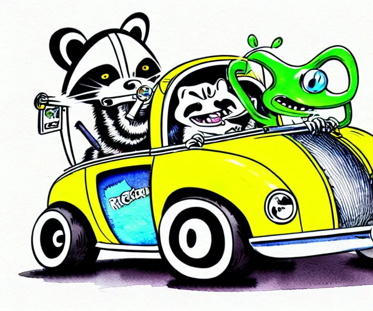 Image similar to cute and funny, racoon wearing a helmet riding in a tiny hot rod coupe with oversized engine while smoking a cigarette, ratfink style by ed roth, centered award winning watercolor pen illustration, isometric illustration by chihiro iwasaki, edited by range murata