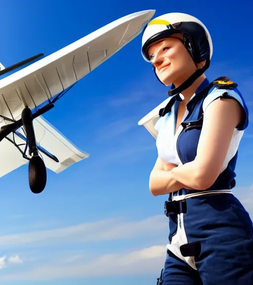 Image similar to a young woman, pilot helmet on, pilot a airplane, blue sky, composition