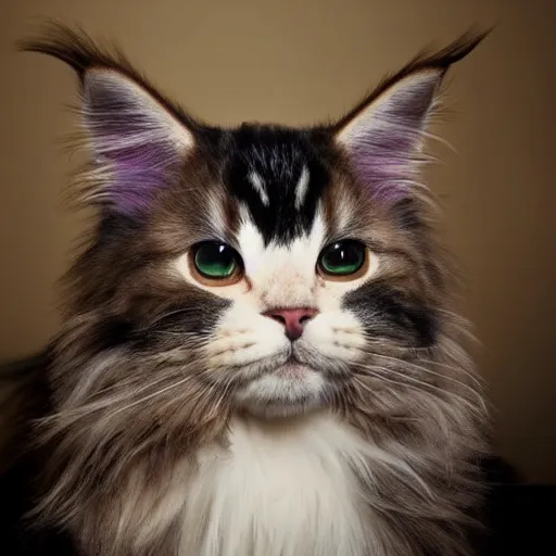 Prompt: very cute huge calico main coon in office, portrait, pixar style, cinematic lighting, award winning creature portrait photography