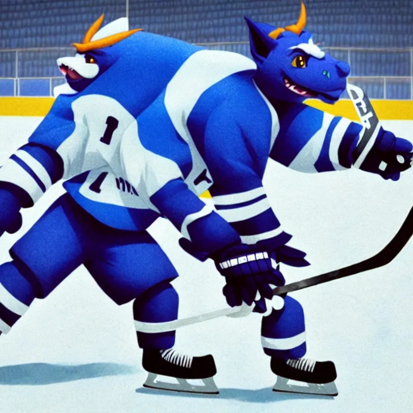 Image similar to film still of an anthropomorphic male blueberry dragon fursona in ice hockey gear, highly detailed, sharp focus, by satoshi kon