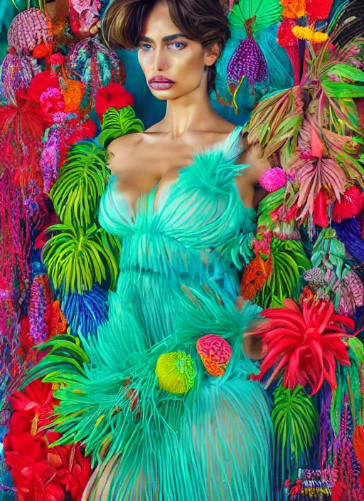 Image similar to beautiful portrait of Irina Shayk wearing fantastic Hand-dyed cotton dress,embellished beaded feather decorative fringe knots ,colorful pigtail,subtropical flowers and plants,dramatic lighting,symmetrical face,intricate,elegant,highly detailed,8k,post-processing,digital painting,trending on artstation, GUCCI,PRADA,concept art, sharp focus, illustration, by artgerm,Tom Bagshaw,Lawrence Alma-Tadema,greg rutkowski,alphonse Mucha