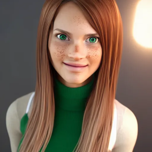 Image similar to Render of April, a cute 3D young woman, bronze brown hair, full round face, green eyes, light tan skin cute freckles, light blush, smiling softly, wearing casual clothing, interior lighting, cozy living room background, medium shot, mid-shot, hyperdetailed, trending on Artstation, Unreal Engine 4k