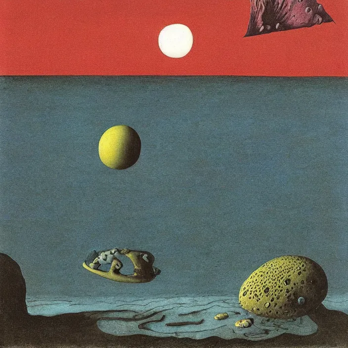 Image similar to the first color getting out of the primordial ocean to walk on land. sunset. codex seraphinianus. painting by yves tanguy, bruegel, walton ford, rene magritte, max ernst, matisse