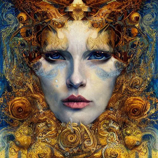 Image similar to Divine Chaos Engine portrait by Karol Bak, Jean Deville, Gustav Klimt, and Vincent Van Gogh, celestial, visionary, fractal structures, ornate realistic gilded medieval icon, spirals, mystical