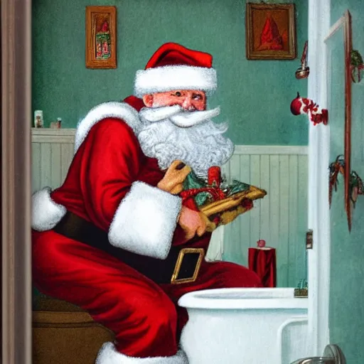 Prompt: santa claus sitting on a toilet in someone's bathroom in the style of currier and ives