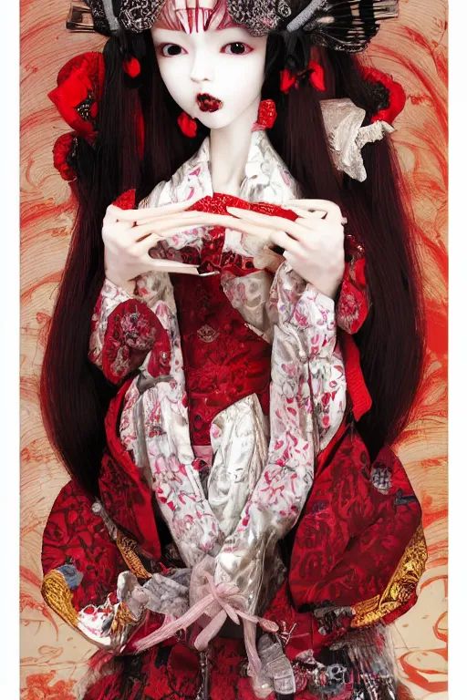 Image similar to album cover of an avant - garde japanese bjd geisha vampire queen with porcelain skin in victorian red dress in the style of dark - fantasy lolita fashion painted by yoshitaka amano, takato yamamoto, christopher shy, dmt art, symmetrical vogue face portrait, intricate detail, artstation, cgsociety, artgerm, gold skulls, rococo