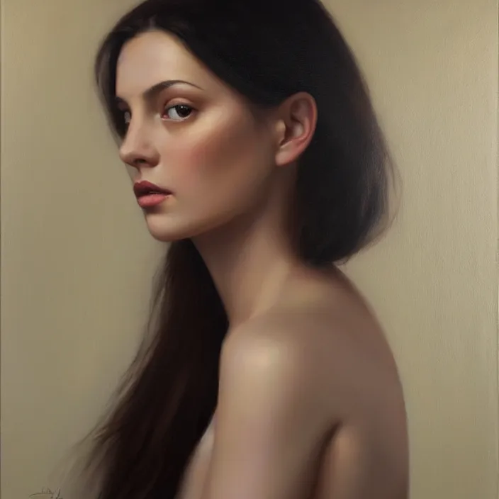 Prompt: alla prima portrait oil painting of young woman with lush dark hair and no makeup, dark beige grey background, lights and shadows, sensual, beautiful composition, hyperrealistic