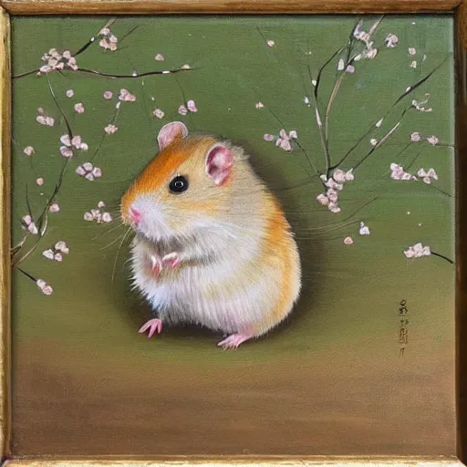 Image similar to “ a naturalistic painting, of a hamster in shogun armor, with sakura blossoms in the background, oil on canvas, a 4 canvas ”
