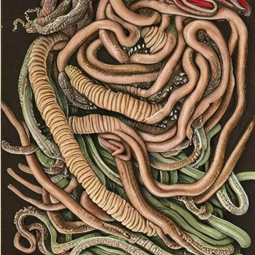 Prompt: miles of intestines filled with food, scientific illustration, gross, intricate detail, artgram,