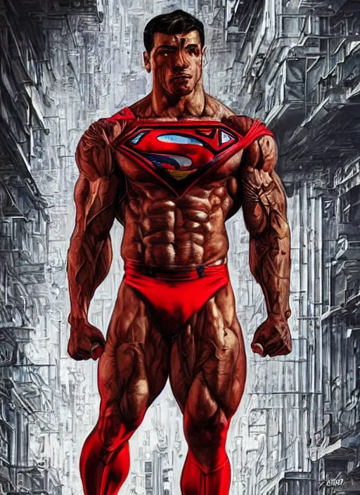 Prompt: portrait of crossfit bodybuilder fitness muscular sprinter superman!, futuristic detailed ornate cyberpunk costume!, red and black costume!!!, pale skin!, no logo!!!, painted art by tsuyoshi nagano, greg rutkowski, artgerm, alphonse mucha, spike painting