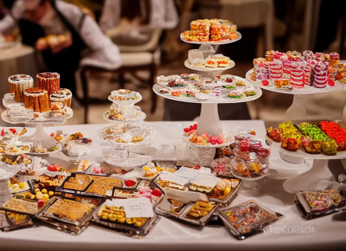 Image similar to a table with a white map full of sweets and bite sized deserts. highly detailed 8 k. intricate. nikon d 8 5 0 3 0 0 mm. award winning photography.