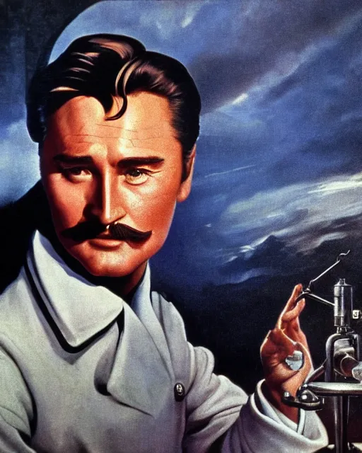 Prompt: Errol Flynn as a scientist. 1980s dystopian Soviet Russia, propaganda screens. Unreal engine, fantasy art by Gustave Courbet. Faithfully depicted facial expression, perfect anatomy global illumination, radiant light, detailed and intricate environment