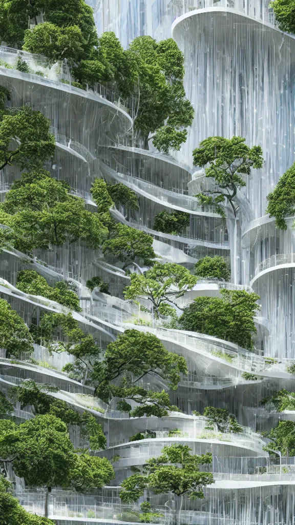 Prompt: photo in style of hiroshige and piranesi. ecological parametric futuristic building in a urban setting. ultrarealistic, white page. mossy buildings have deep tall balconies with plants and trees. thin random columns, large windows, deep overhangs. greeble articulated details. 8 k, uhd.