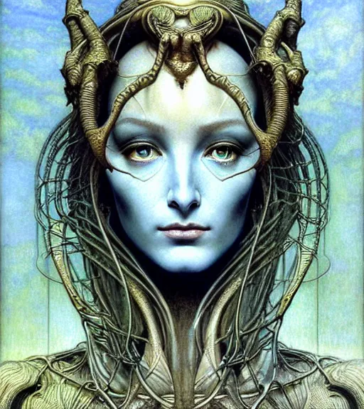 Image similar to detailed realistic beautiful young cher as alien robot as queen of mars face portrait by jean delville, gustave dore and marco mazzoni, art nouveau, symbolist, visionary, gothic, pre - raphaelite. horizontal symmetry by zdzisław beksinski, iris van herpen, raymond swanland and alphonse mucha. highly detailed, hyper - real, beautiful