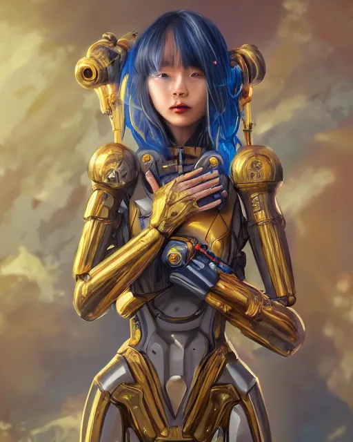 Image similar to holy cyborg girl with golden armor, elegant, scifi, jetpack, alien world, futuristic, utopia, garden, colorful, lee ji - eun, illustration, atmosphere, top lighting, blue eyes, focused, artstation, highly detailed, art by yuhong ding and chengwei pan and serafleur and ina wong