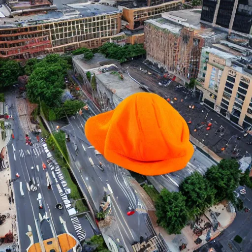 Prompt: gigantic baby wearing orange peel as a hat stands menacingly in the middle of a city, drone shot