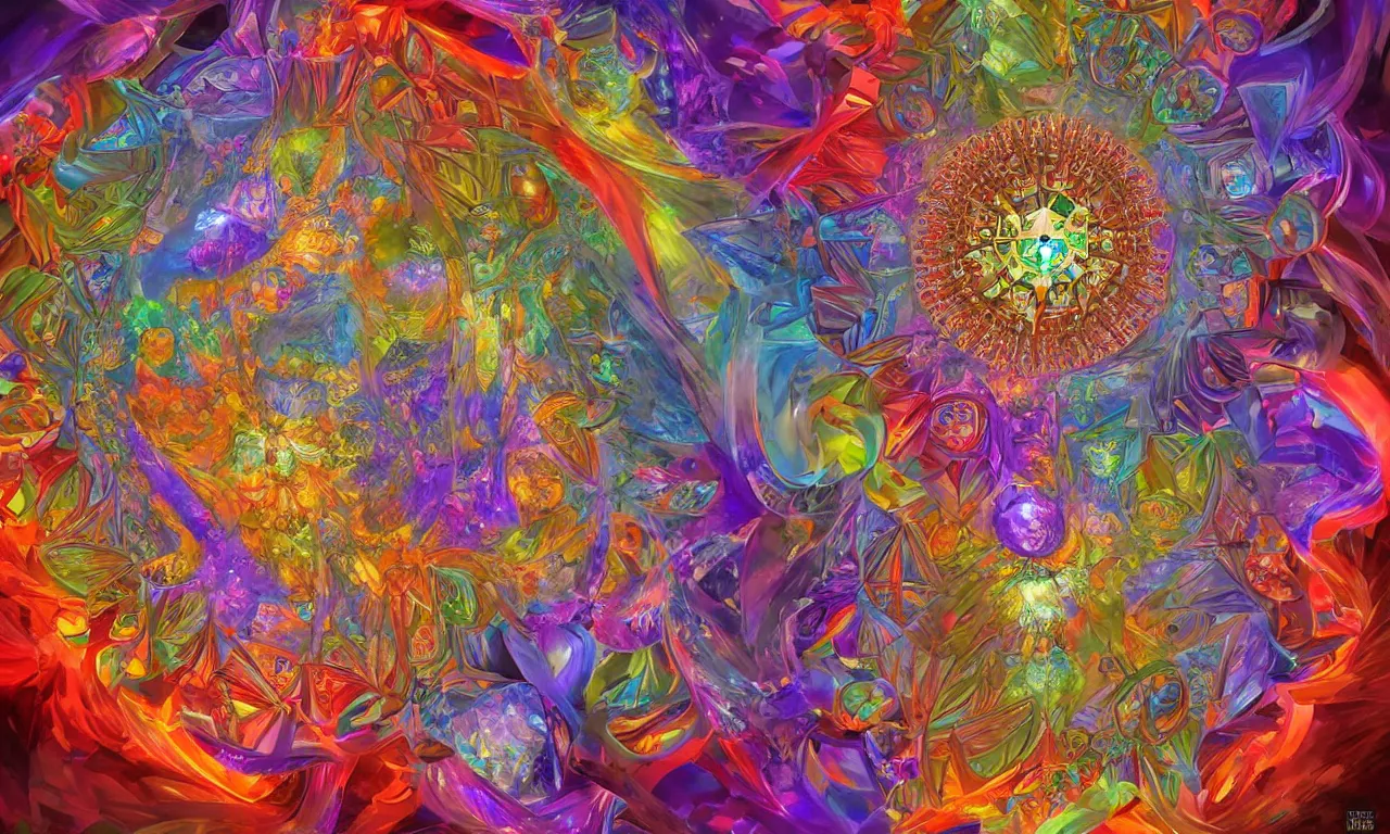 Image similar to voronoi engine laboratory 3 d volume kaleidoscope mandala fractal chakra digital multicolor stylized concept substance by artgerm, rossdraws, norman rockwell, magali villeneuve, gil elvgren, alberto vargas, earl moran, enoch bolles radiating a glowing aura global illumination ray tracing hdr