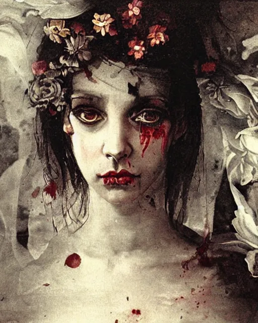 Image similar to a beautiful and eerie baroque painting of a beautiful but serious woman in layers of fear, with haunted eyes and dark hair piled on her head, 1 9 7 0 s, seventies, floral wallpaper, wilted flowers, morning light showing injuries, a little blood, delicate ex embellishments, painterly, offset printing technique