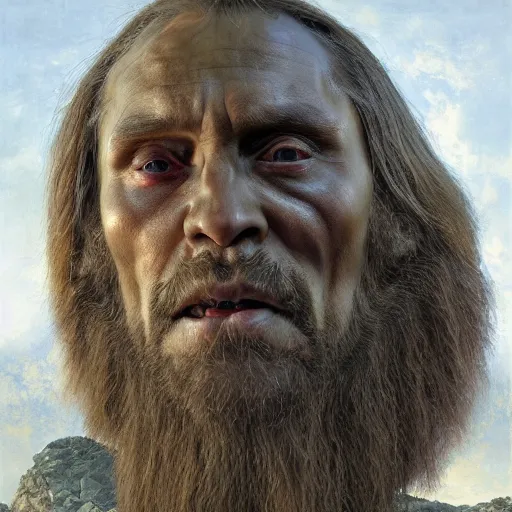 Image similar to vladimir putin, putin caveman, vladimir putin macabre face, by donato giancola and greg rutkowski and wayne barlow and zdzisław beksinski, realistic face, digital art