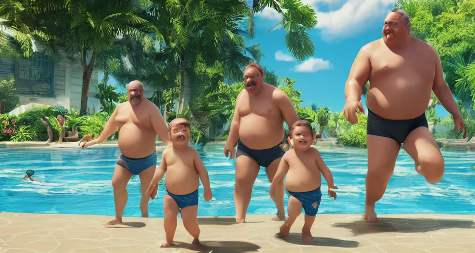 Image similar to digital art painting of exactly three brothers and their slightly overweight father in a swimming pool , unreal 5, DAZ, hyperrealistic, octane render, volumetric clouds dynamic lighting