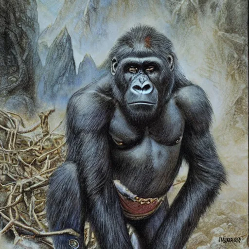 Image similar to gorilla vampires of middle earth, alan lee