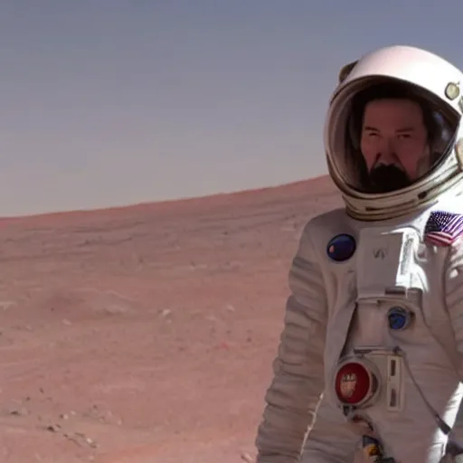 Prompt: keanu reeves in spacesuit in mars